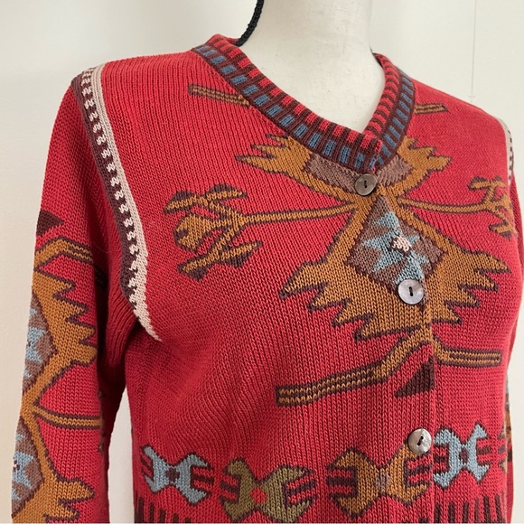 Peruvian Connection Red Patterned Pima Cotton Cardigan - Picture 2 of 6